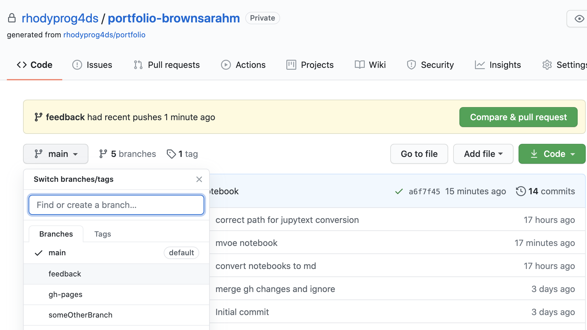 screenshot of switching to the feedback branch on github